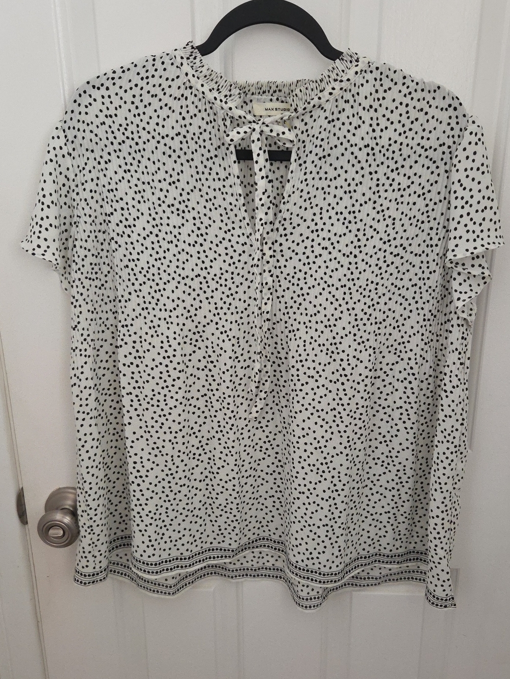 Max Studio White Blouse with Black Dot Print and Tie Neck